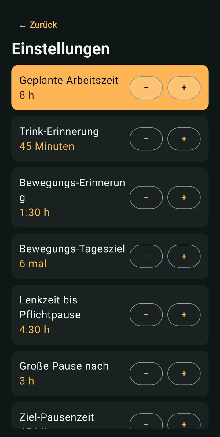 Fahrerwohl-Screenshot: Einstellungen für Arbeitszeit, Erinnerungen und Lenkzeit