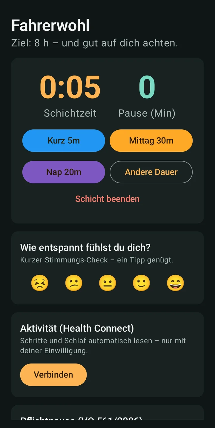 Fahrerwohl-App: Startbildschirm mit Schichtzeit, Pausen-Schnellwahl und Stimmungs-Check