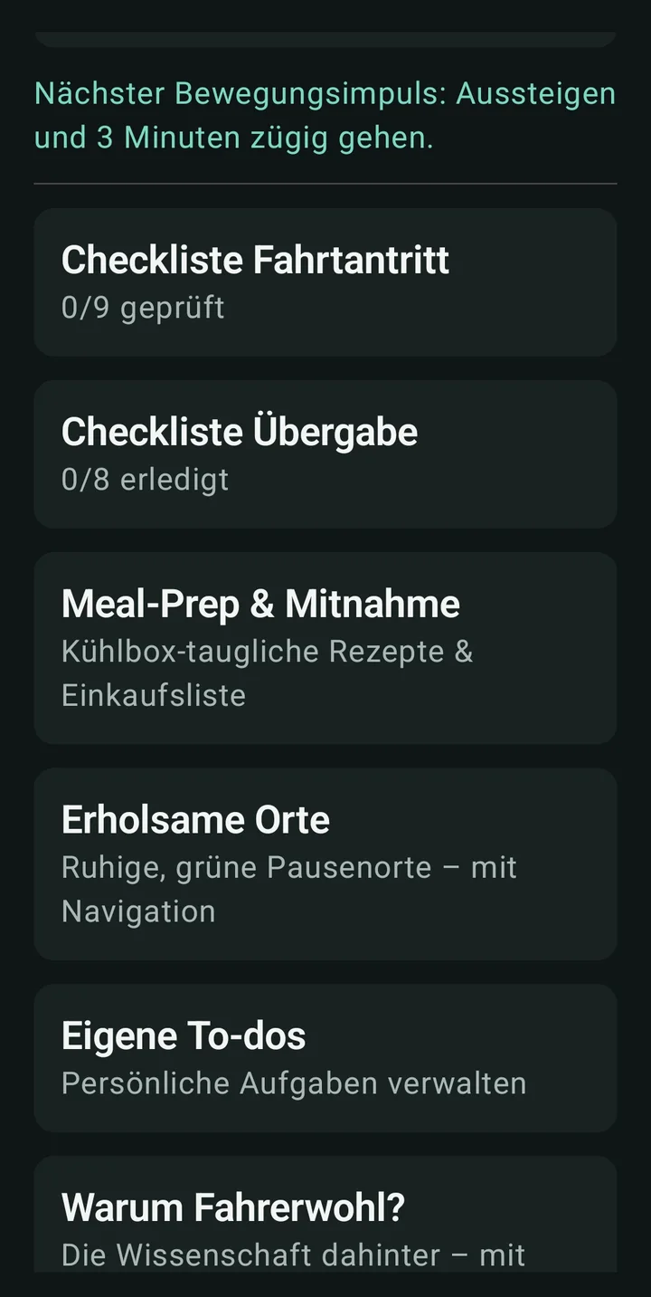 Fahrerwohl-Screenshot: Checklisten, Meal-Prep und erholsame Orte